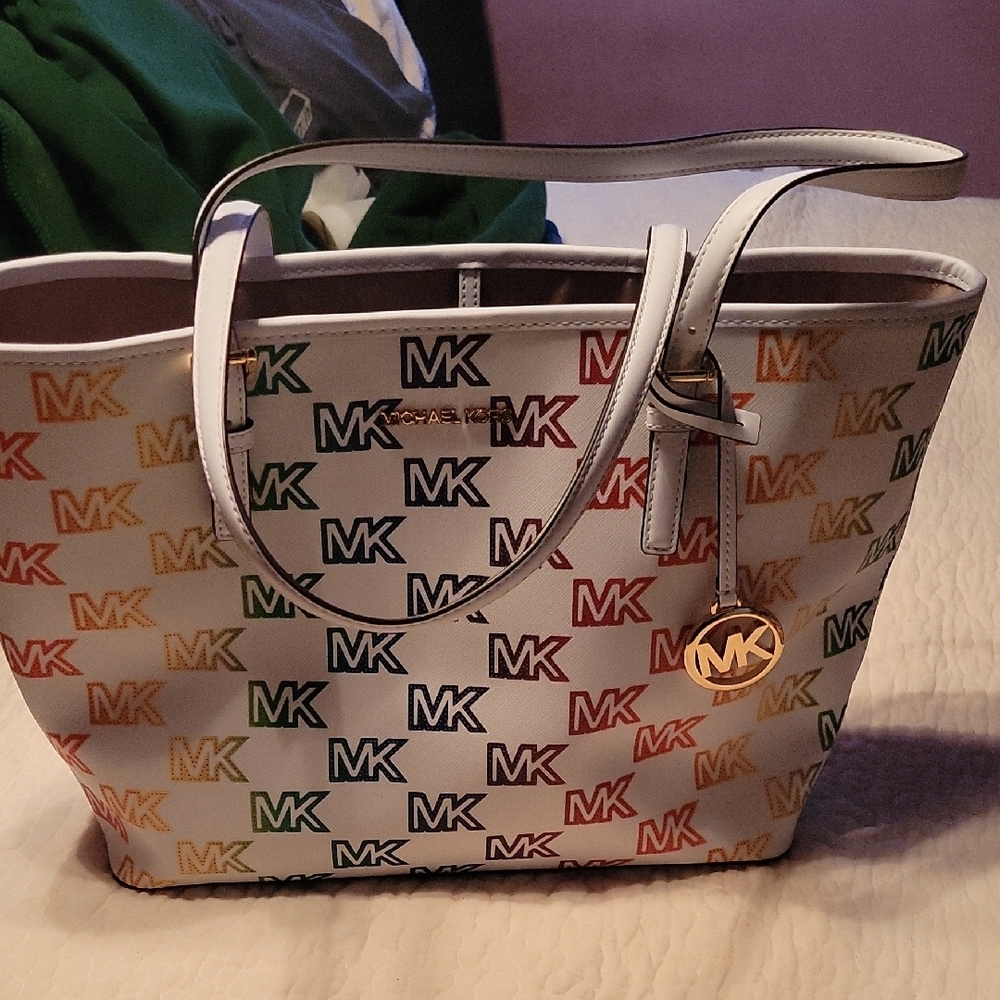 Michael Kors White and Red Tote Bag with Signature Style